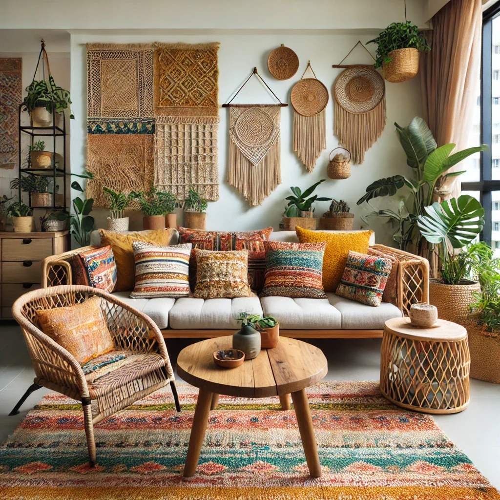 Boho media nook with rattan accents and plants