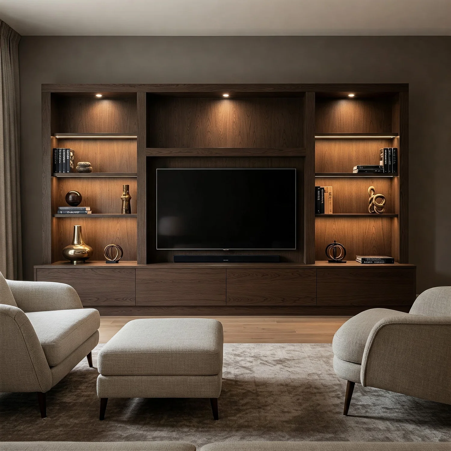 Modular TV wall with floating shelves and backlighting