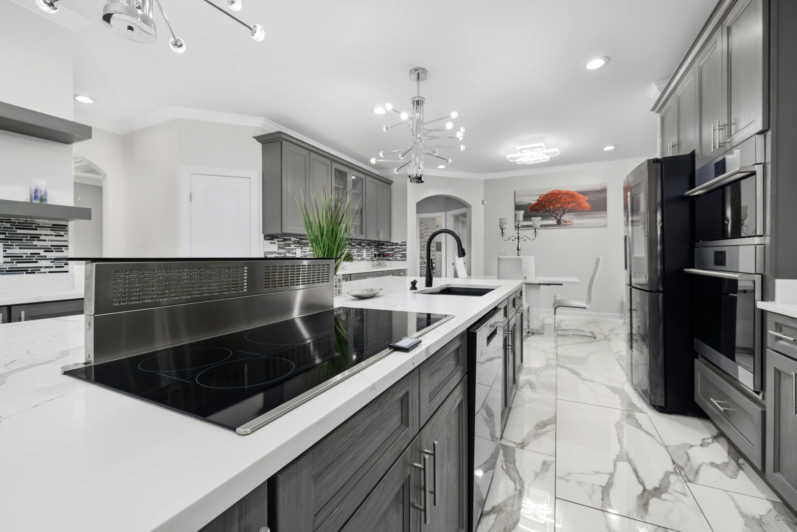 Sleek U-shaped island kitchen